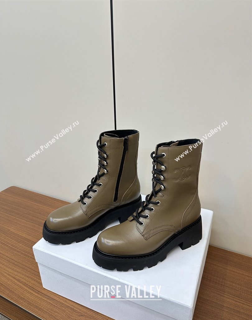 Celine Triomphe Rangers Mid Lace-up Boots 5cm in Calfskin Khaki Green 2024 071903 (MD-240813025)