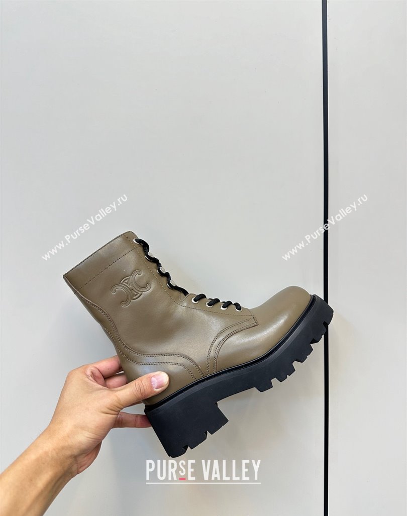 Celine Triomphe Rangers Mid Lace-up Boots 5cm in Calfskin Khaki Green 2024 071903 (MD-240813025)