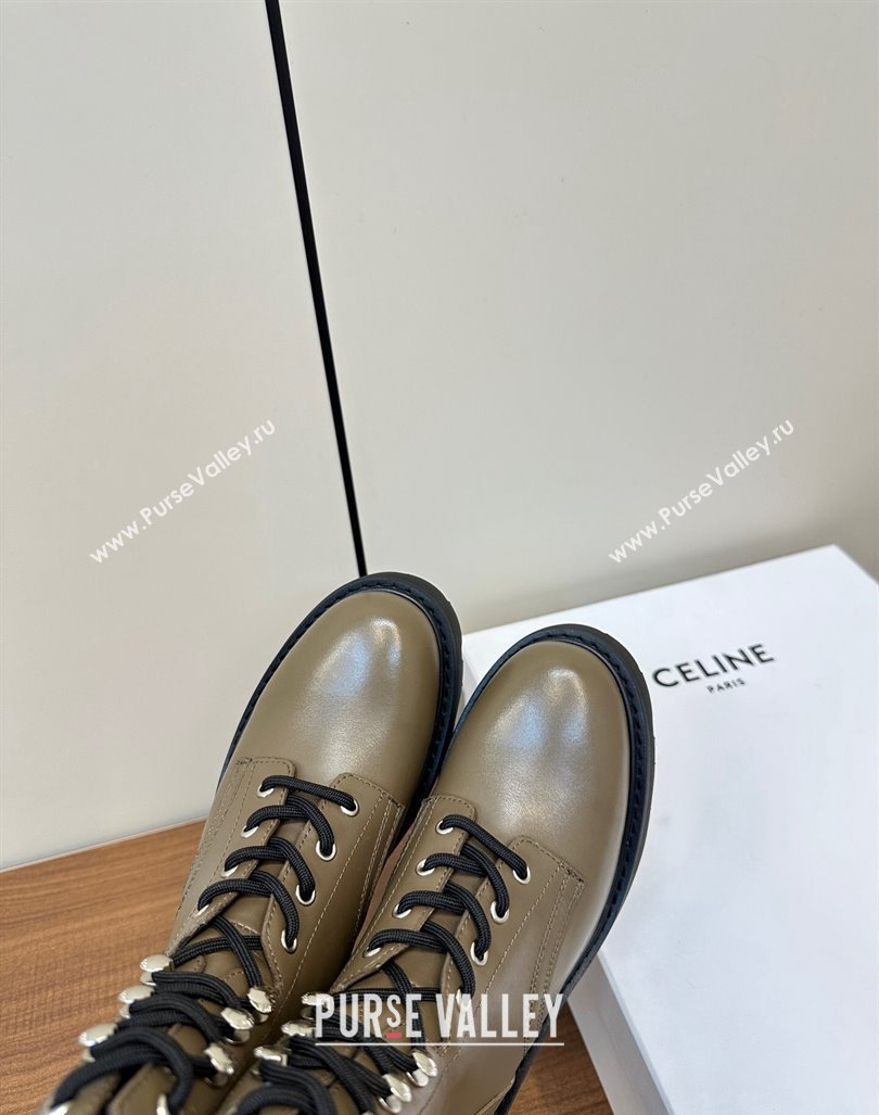 Celine Triomphe Rangers Mid Lace-up Boots 5cm in Calfskin Khaki Green 2024 071903 (MD-240813025)