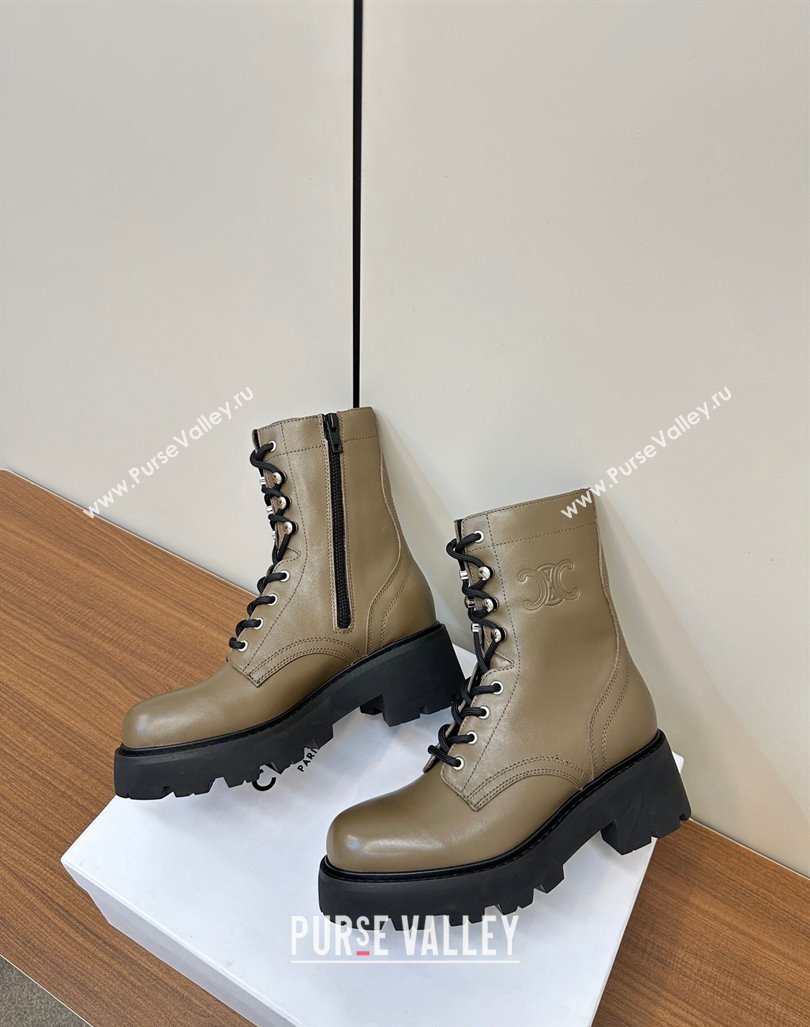 Celine Triomphe Rangers Mid Lace-up Boots 5cm in Calfskin Khaki Green 2024 071903 (MD-240813025)