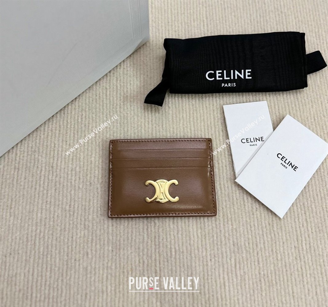 Celine Card Holder Wallet Triomphe in Shiny Calfskin Brown 2024 10L833 (BL-240827107)