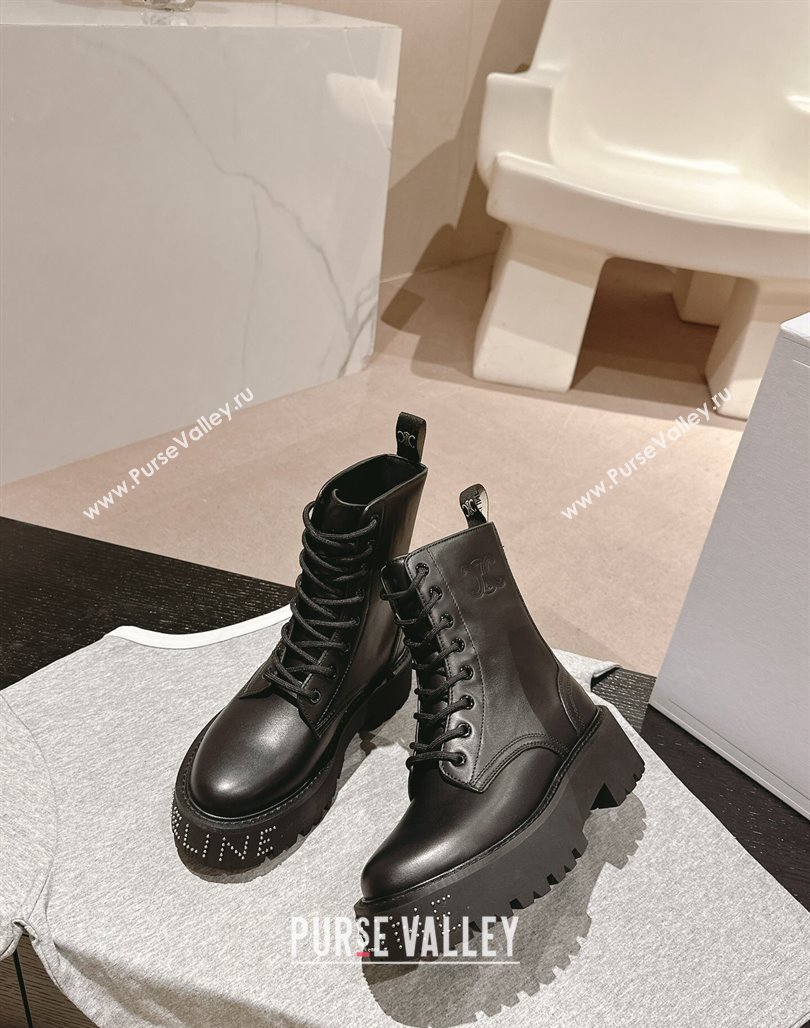 Celine Calfskin Platform Lace-up Ankle Boots 5cm with Silver Studs Black 2024 (MD-241011123)