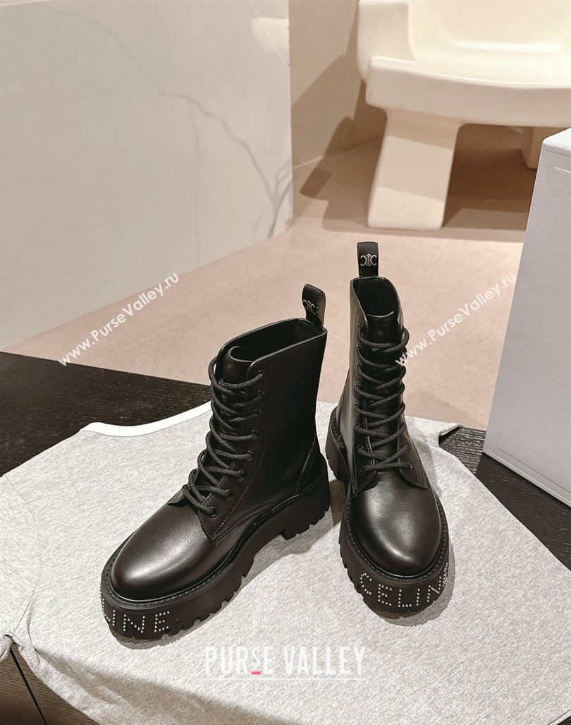 Celine Calfskin Platform Lace-up Ankle Boots 5cm with Silver Studs Black 2024 (MD-241011123)