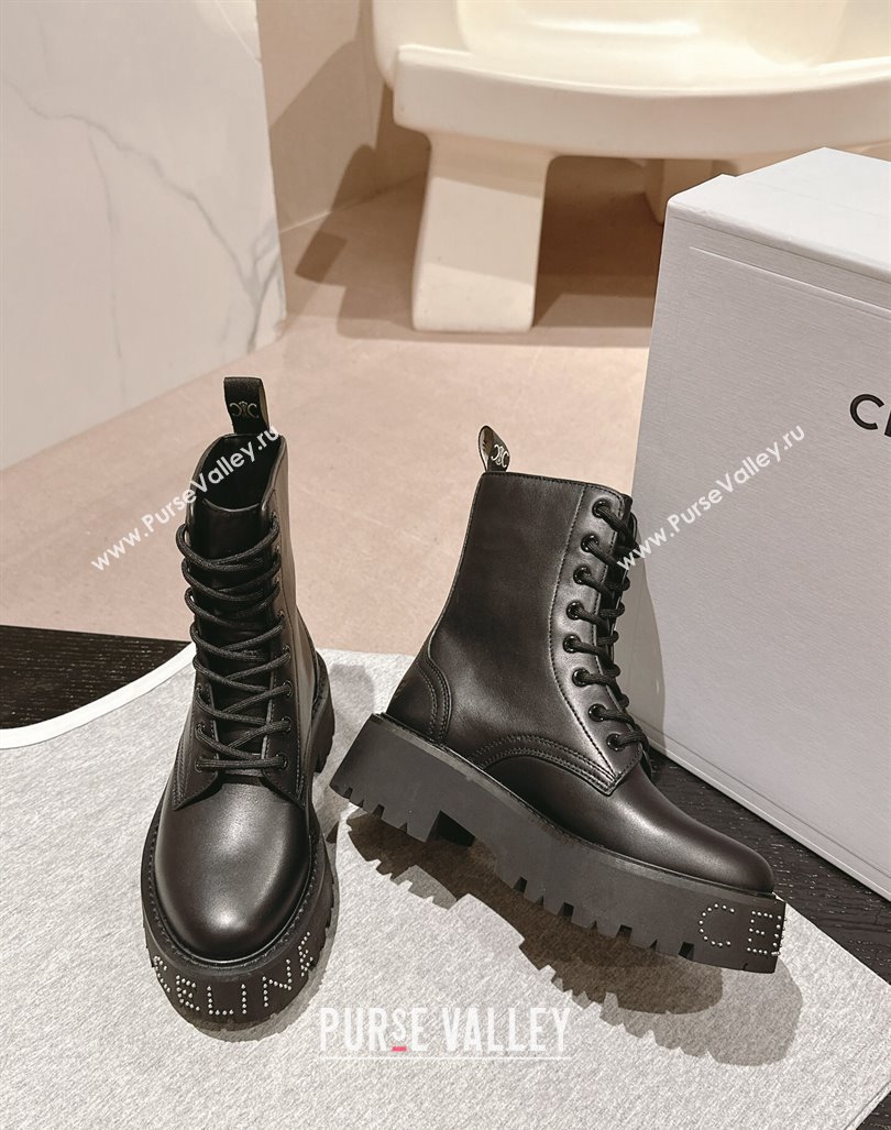 Celine Calfskin Platform Lace-up Ankle Boots 5cm with Silver Studs Black 2024 (MD-241011123)