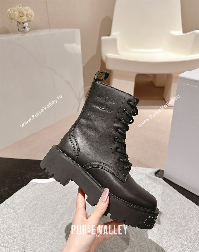 Celine Calfskin Platform Lace-up Ankle Boots 5cm with Silver Studs Black 2024 (MD-241011123)