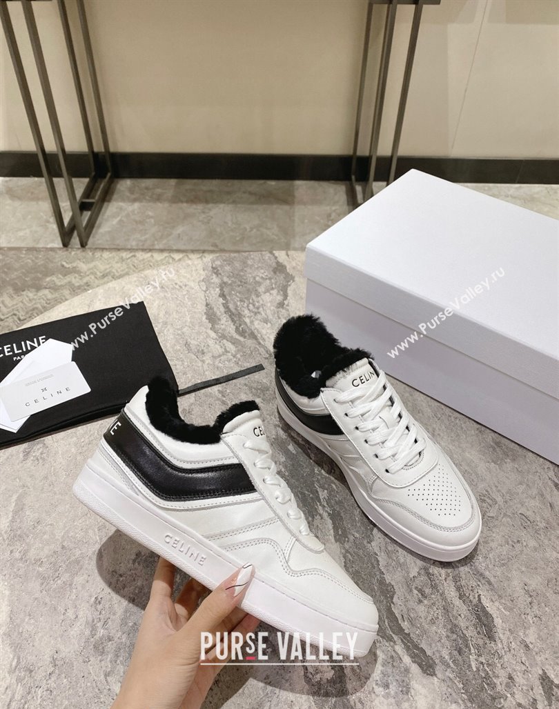 Celine Trainer Low Lace-up Sneakers in Calfskin and Wool White/Black 2024 CE101104 (KL-241012005)