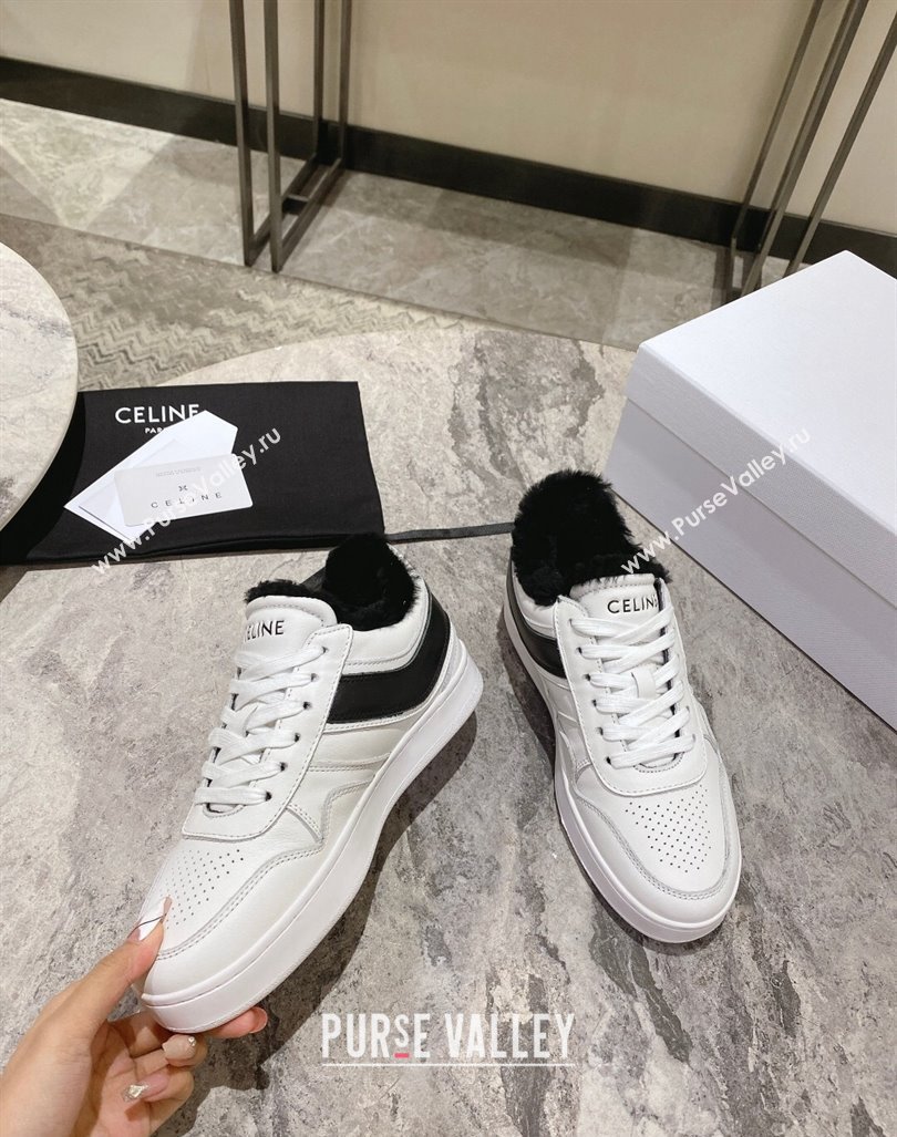 Celine Trainer Low Lace-up Sneakers in Calfskin and Wool White/Black 2024 CE101104 (KL-241012005)