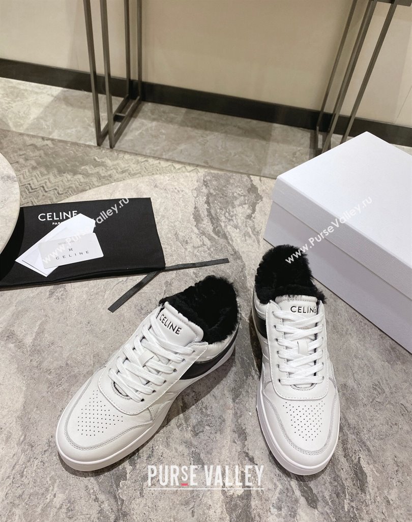 Celine Trainer Low Lace-up Sneakers in Calfskin and Wool White/Black 2024 CE101104 (KL-241012005)