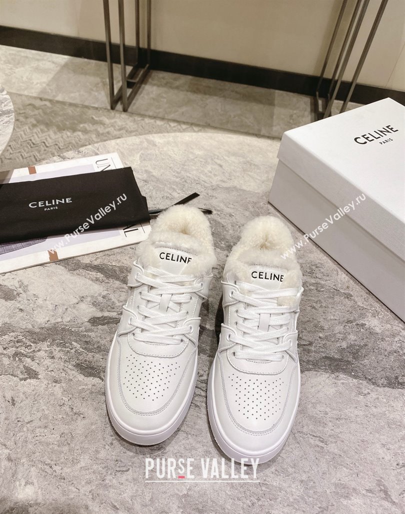 Celine CT-02 Low Lace-up Sneakers in Calfskin and Wool White Leather 2024 CE101201 (KL-241012006)