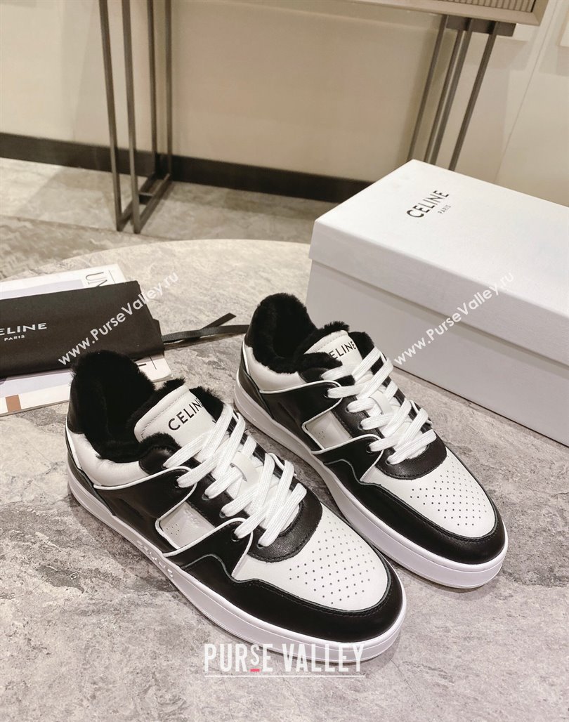 Celine CT-02 Low Lace-up Sneakers in Calfskin and Wool White/Black 2024 CE101201 (KL-241012007)