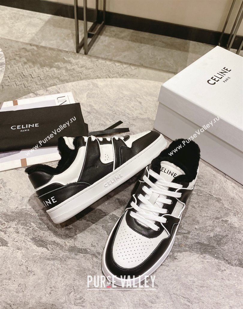 Celine CT-02 Low Lace-up Sneakers in Calfskin and Wool White/Black 2024 CE101201 (KL-241012007)