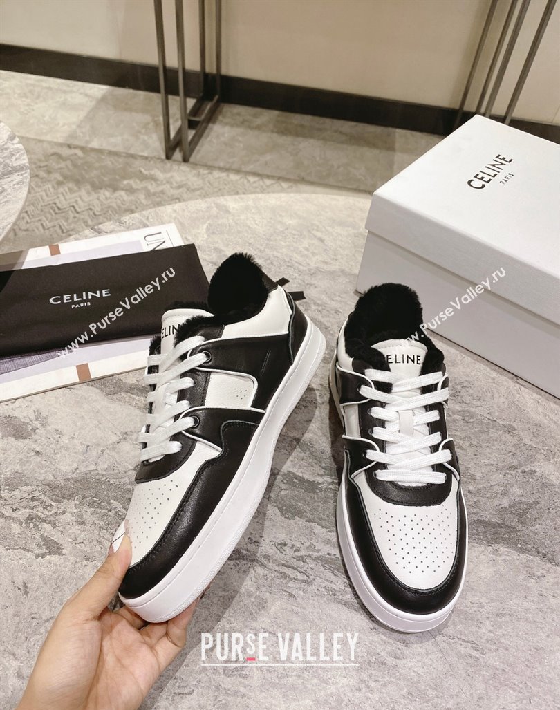 Celine CT-02 Low Lace-up Sneakers in Calfskin and Wool White/Black 2024 CE101201 (KL-241012007)