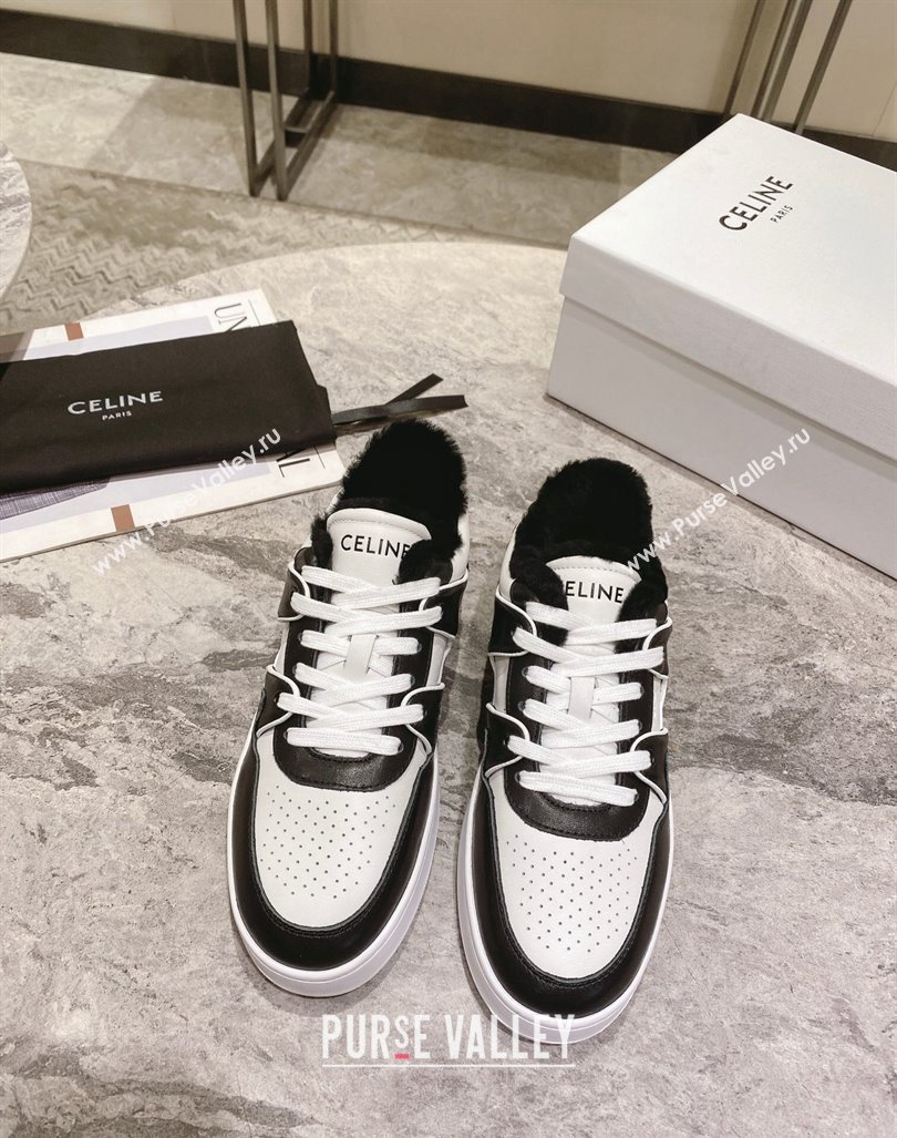 Celine CT-02 Low Lace-up Sneakers in Calfskin and Wool White/Black 2024 CE101201 (KL-241012007)