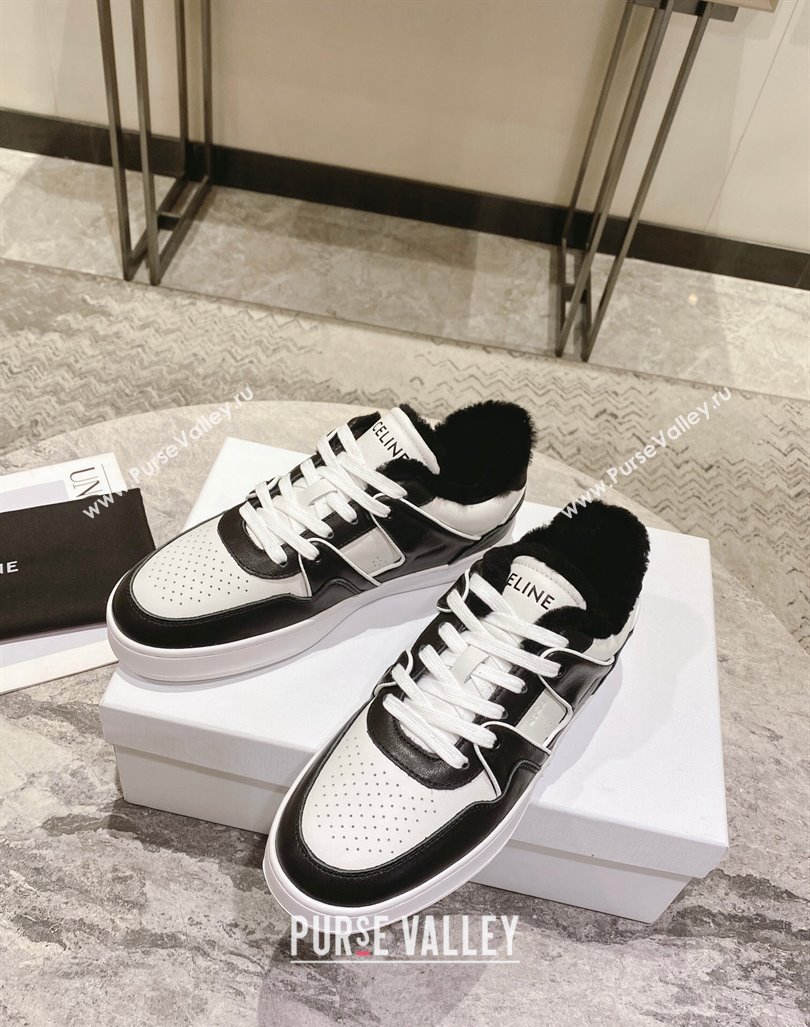 Celine CT-02 Low Lace-up Sneakers in Calfskin and Wool White/Black 2024 CE101201 (KL-241012007)