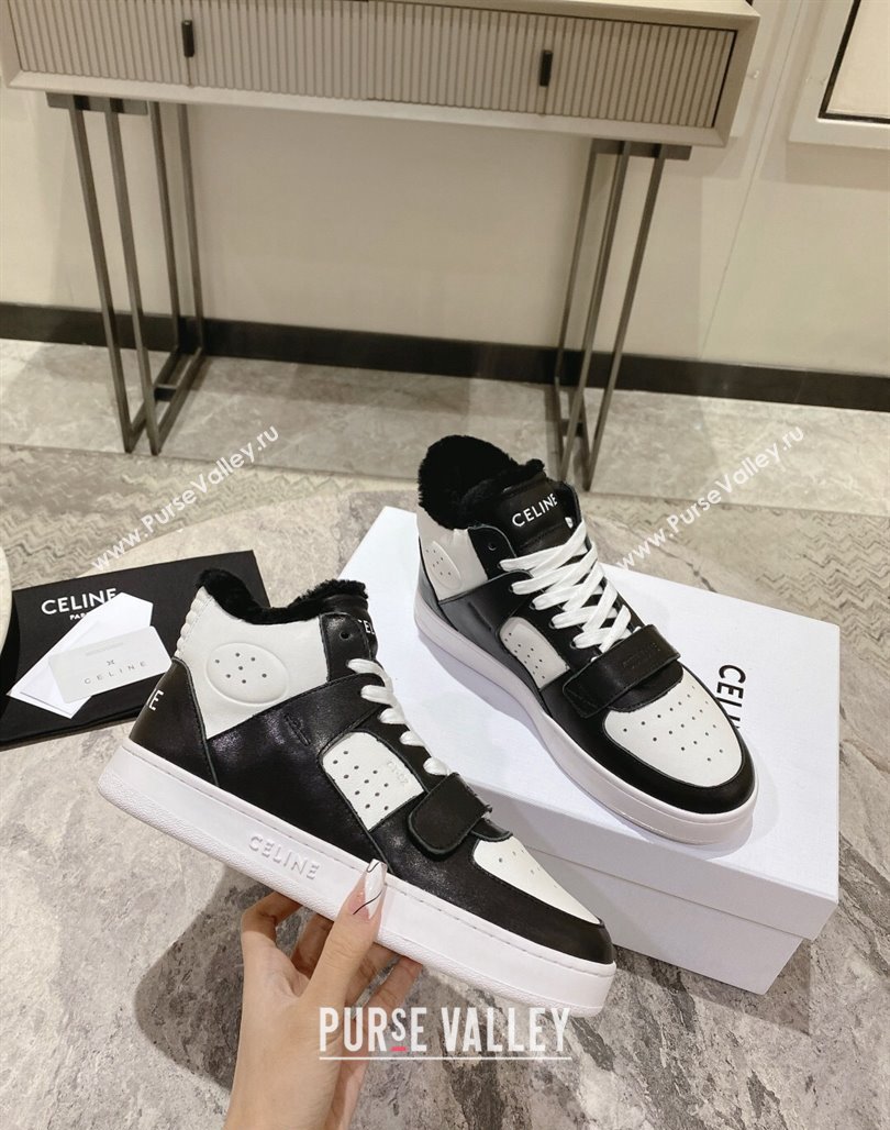 Celine CT-02 Mid Sneakers with Velcro in Calfskin and Wool White/Black 2024 CE101201 (KL-241012009)