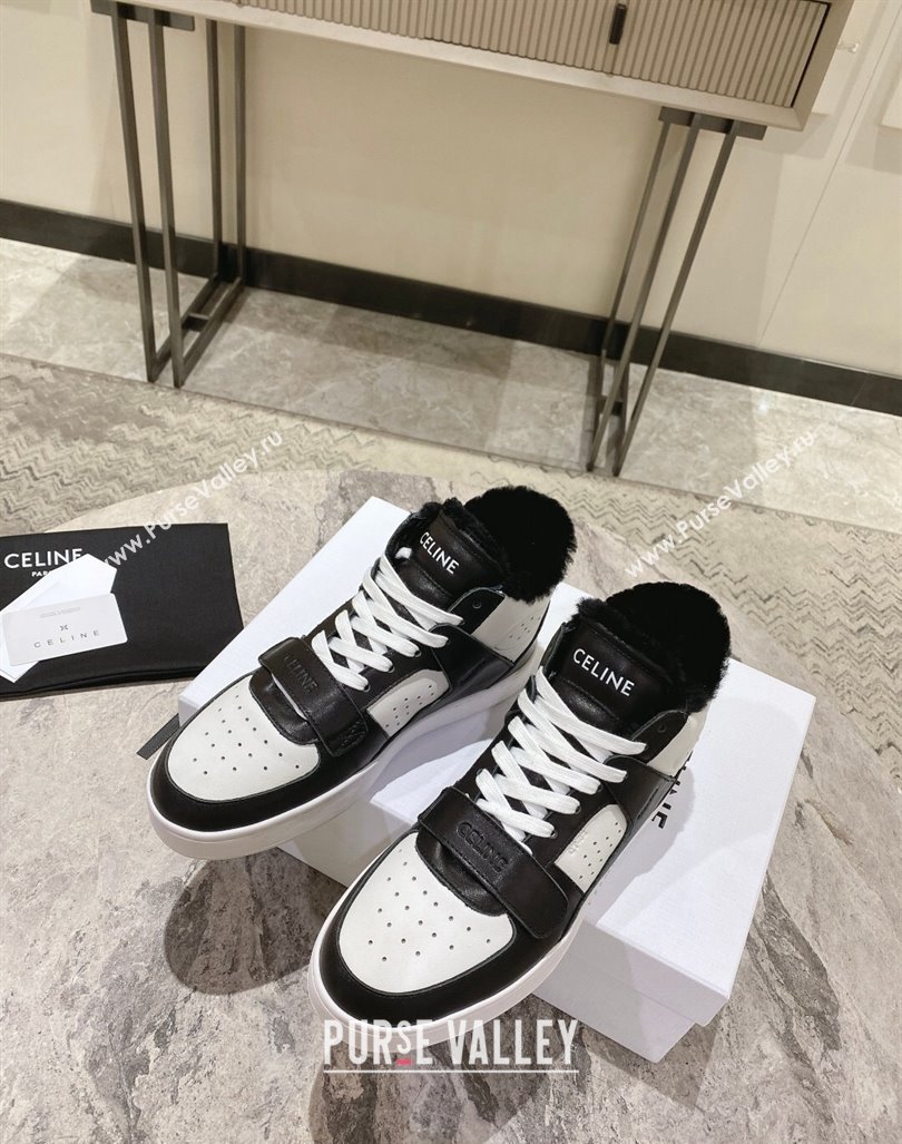 Celine CT-02 Mid Sneakers with Velcro in Calfskin and Wool White/Black 2024 CE101201 (KL-241012009)