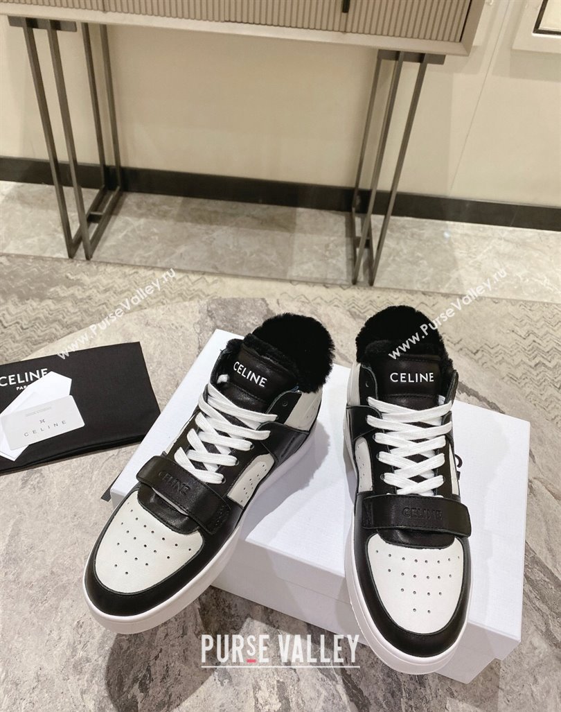 Celine CT-02 Mid Sneakers with Velcro in Calfskin and Wool White/Black 2024 CE101201 (KL-241012009)