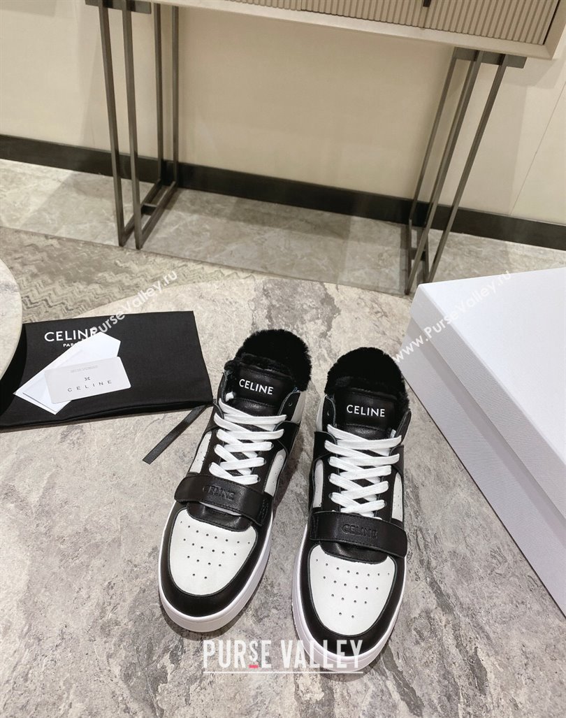 Celine CT-02 Mid Sneakers with Velcro in Calfskin and Wool White/Black 2024 CE101201 (KL-241012009)