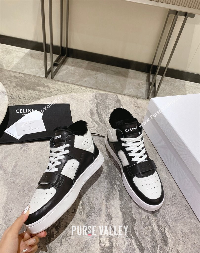 Celine CT-02 Mid Sneakers with Velcro in Calfskin and Wool White/Black 2024 CE101201 (KL-241012009)