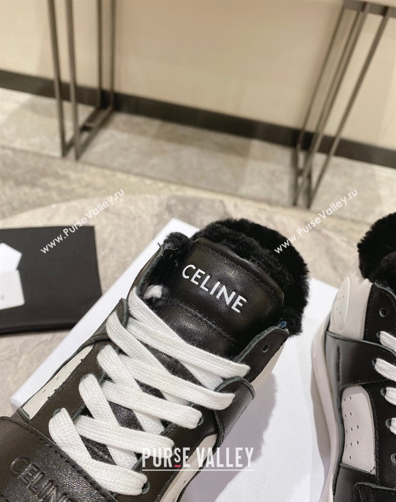 Celine CT-02 Mid Sneakers with Velcro in Calfskin and Wool White/Black 2024 CE101201 (KL-241012009)