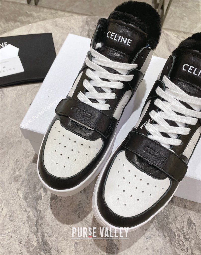 Celine CT-02 Mid Sneakers with Velcro in Calfskin and Wool White/Black 2024 CE101201 (KL-241012009)