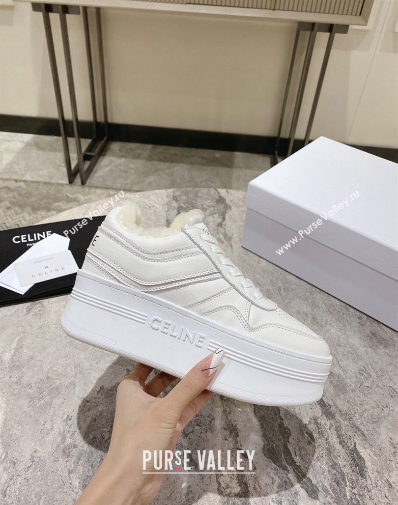 Celine Trainer Platform Sneakers in Calfskin and Wool White Leather 2024 CE101104 (KL-241012012)