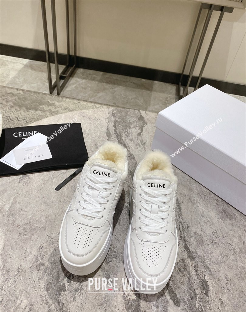 Celine Trainer Platform Sneakers in Calfskin and Wool White Leather 2024 CE101104 (KL-241012012)