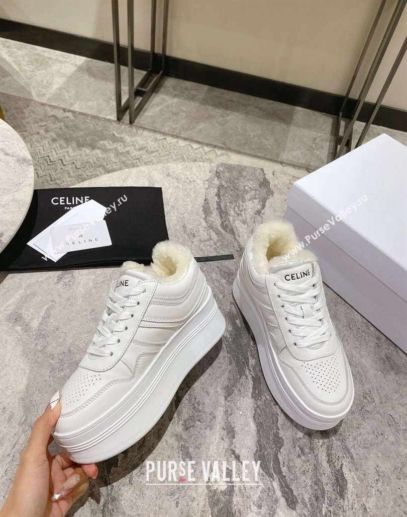 Celine Trainer Platform Sneakers in Calfskin and Wool White Leather 2024 CE101104 (KL-241012012)