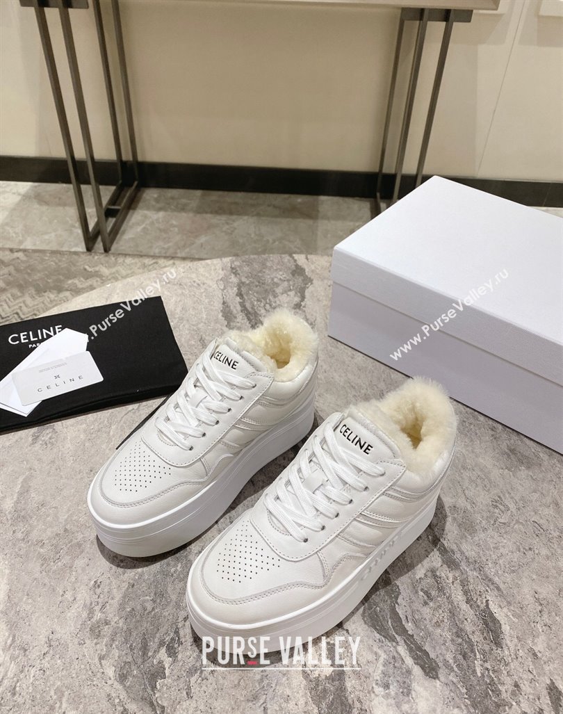 Celine Trainer Platform Sneakers in Calfskin and Wool White Leather 2024 CE101104 (KL-241012012)