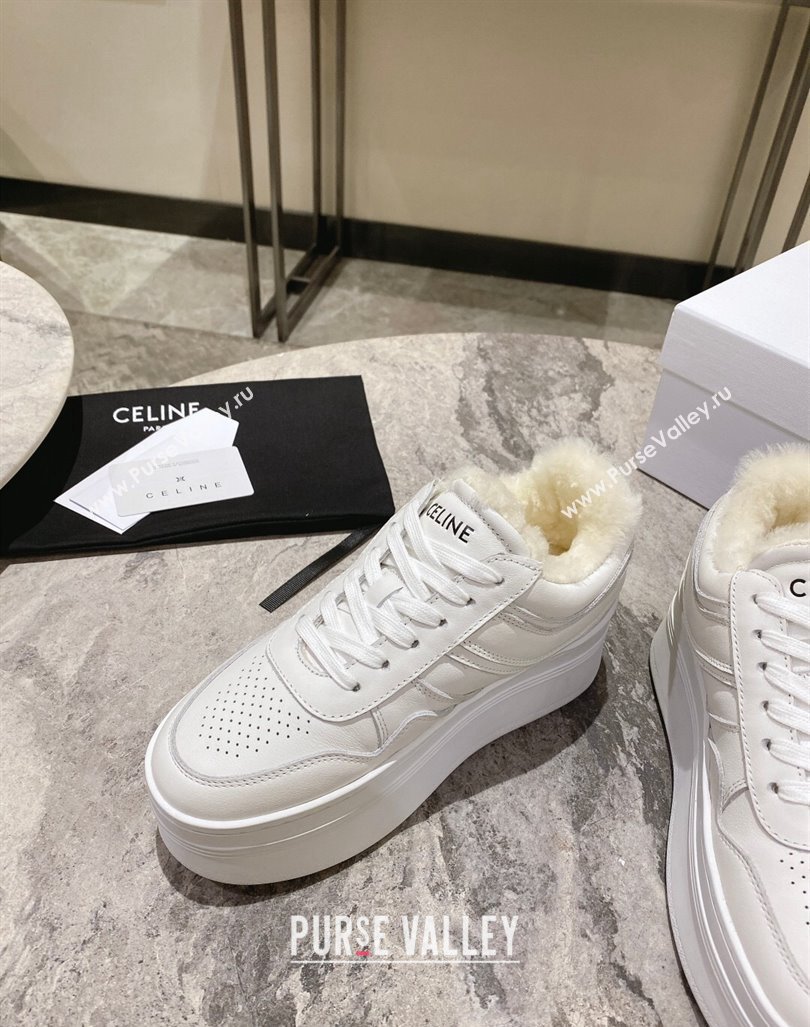 Celine Trainer Platform Sneakers in Calfskin and Wool White Leather 2024 CE101104 (KL-241012012)