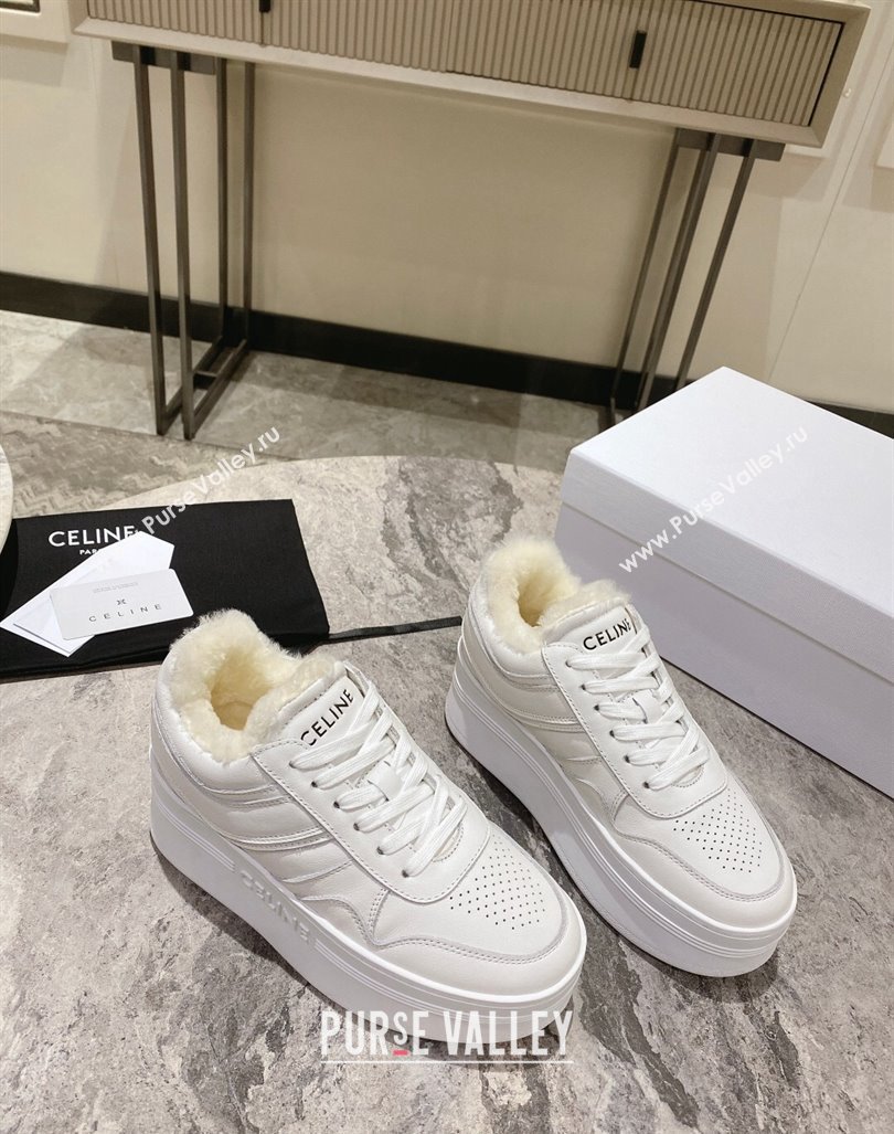 Celine Trainer Platform Sneakers in Calfskin and Wool White Leather 2024 CE101104 (KL-241012012)