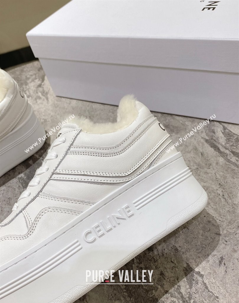 Celine Trainer Platform Sneakers in Calfskin and Wool White Leather 2024 CE101104 (KL-241012012)