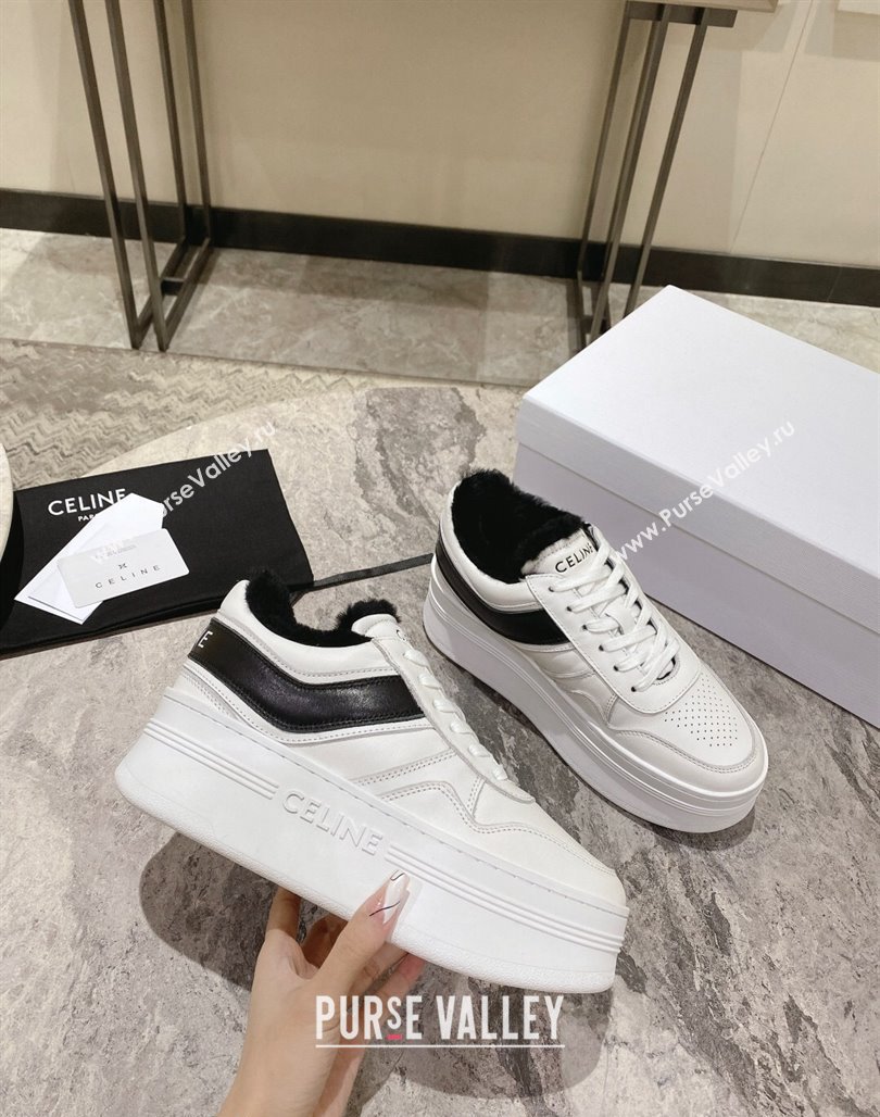 Celine Trainer Platform Sneakers in Calfskin and Wool White/Black 2024 CE101104 (KL-241012013)