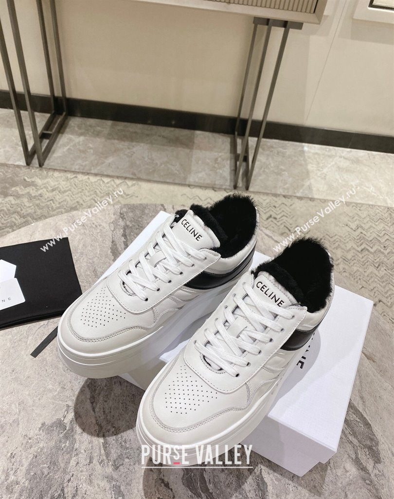 Celine Trainer Platform Sneakers in Calfskin and Wool White/Black 2024 CE101104 (KL-241012013)