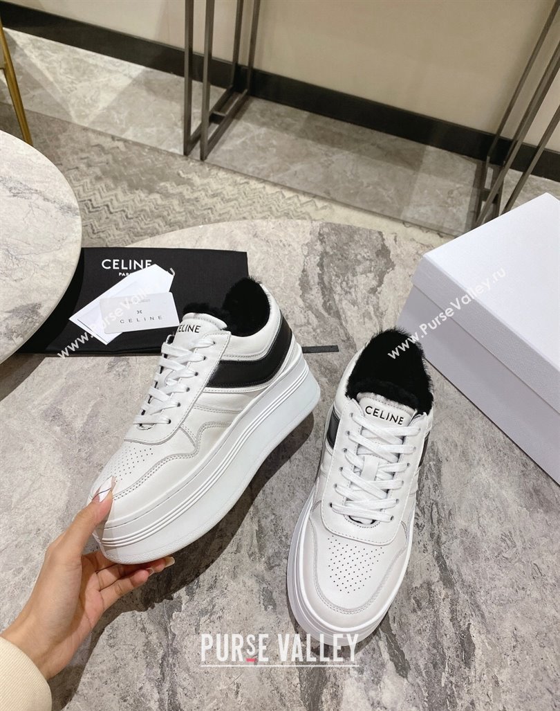 Celine Trainer Platform Sneakers in Calfskin and Wool White/Black 2024 CE101104 (KL-241012013)