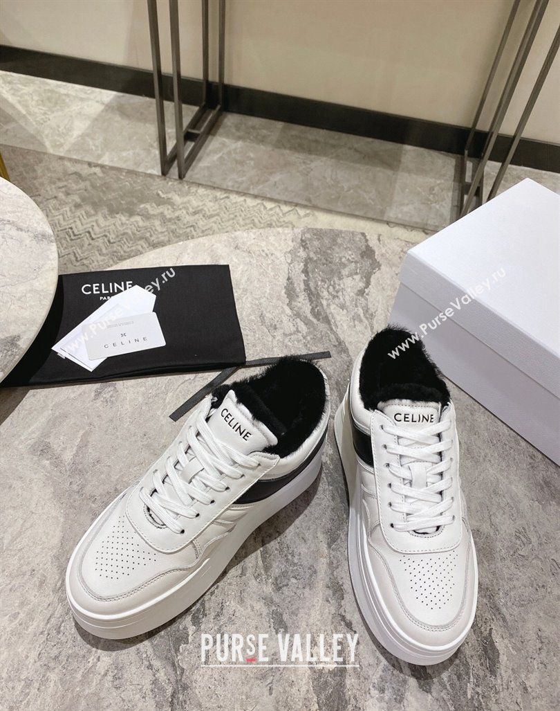 Celine Trainer Platform Sneakers in Calfskin and Wool White/Black 2024 CE101104 (KL-241012013)