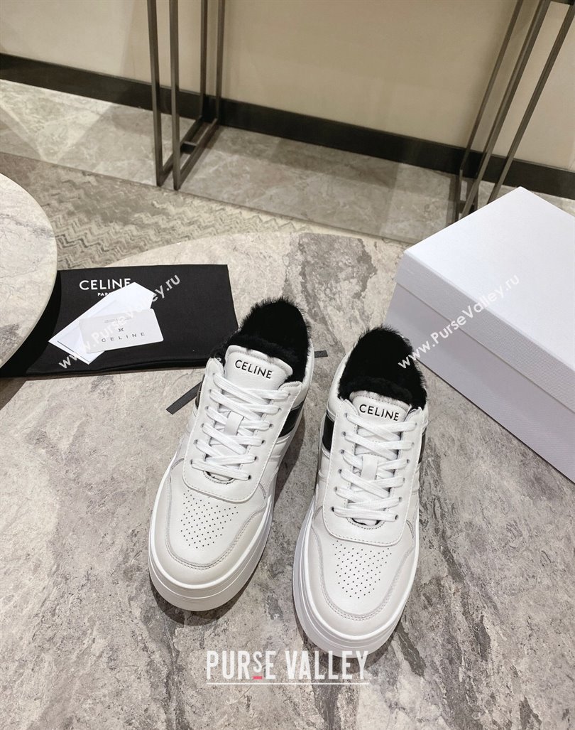 Celine Trainer Platform Sneakers in Calfskin and Wool White/Black 2024 CE101104 (KL-241012013)