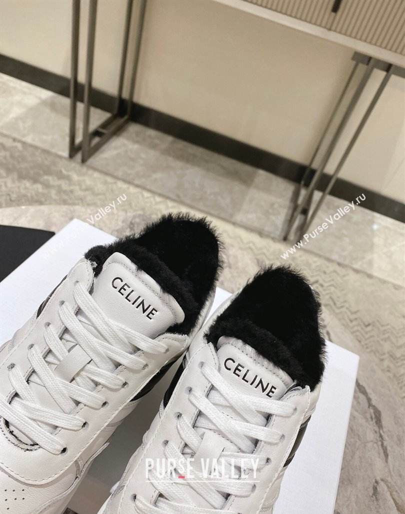 Celine Trainer Platform Sneakers in Calfskin and Wool White/Black 2024 CE101104 (KL-241012013)