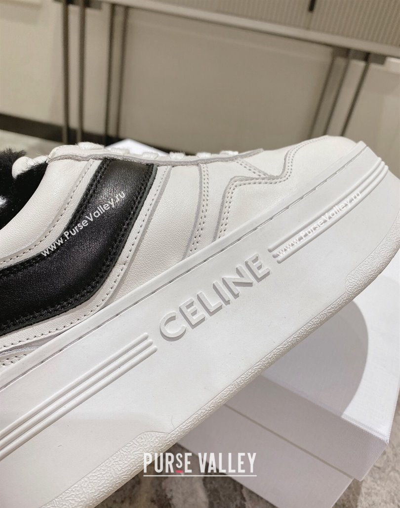 Celine Trainer Platform Sneakers in Calfskin and Wool White/Black 2024 CE101104 (KL-241012013)