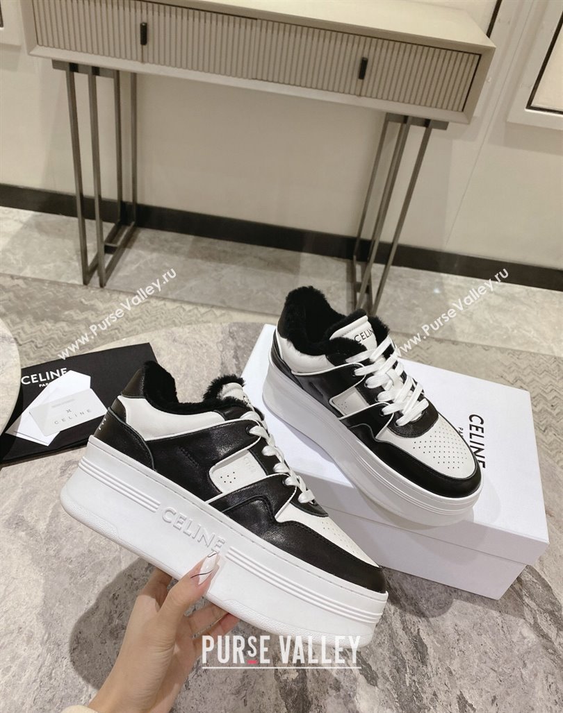 Celine CT-02 Platform Sneakers in Calfskin and Wool White/Black 2024 CE101201 (KL-241012014)