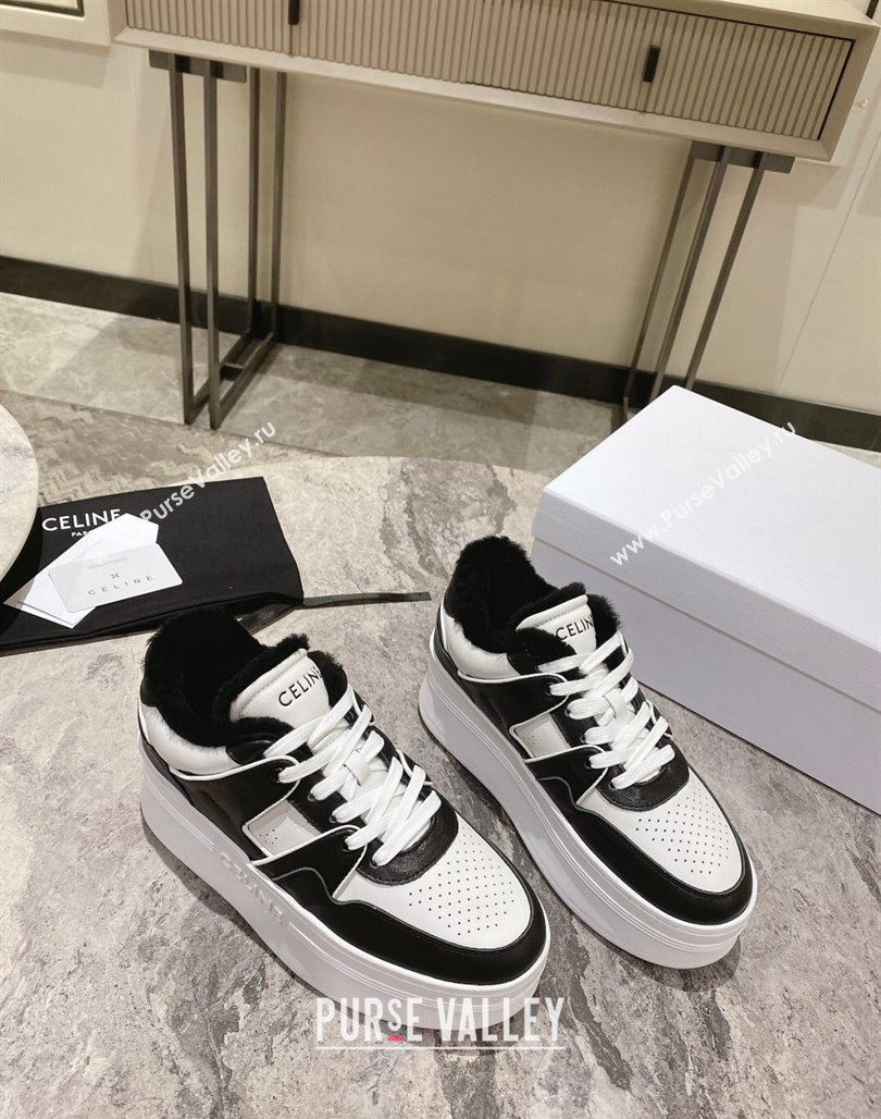 Celine CT-02 Platform Sneakers in Calfskin and Wool White/Black 2024 CE101201 (KL-241012014)