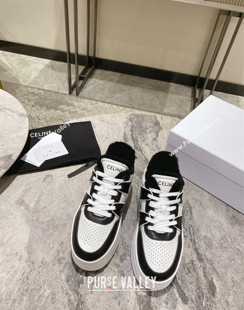 Celine CT-02 Platform Sneakers in Calfskin and Wool White/Black 2024 CE101201 (KL-241012014)