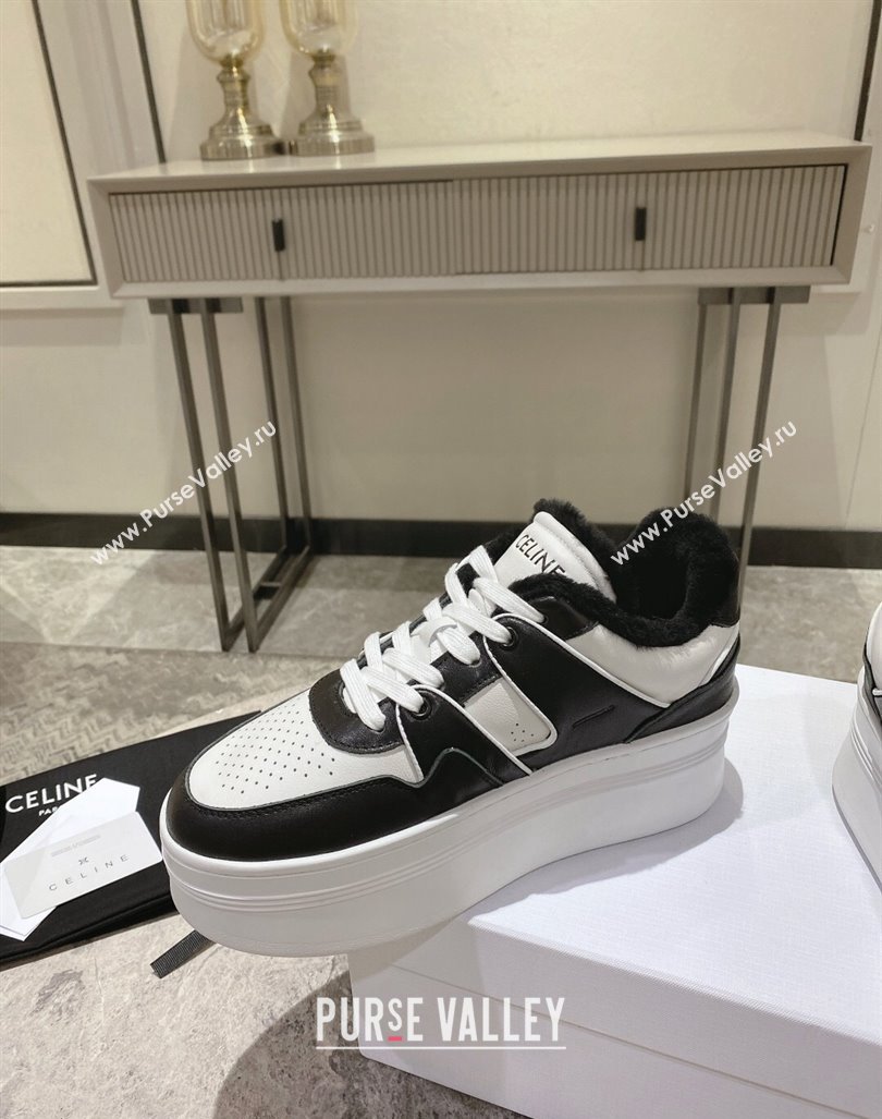 Celine CT-02 Platform Sneakers in Calfskin and Wool White/Black 2024 CE101201 (KL-241012014)