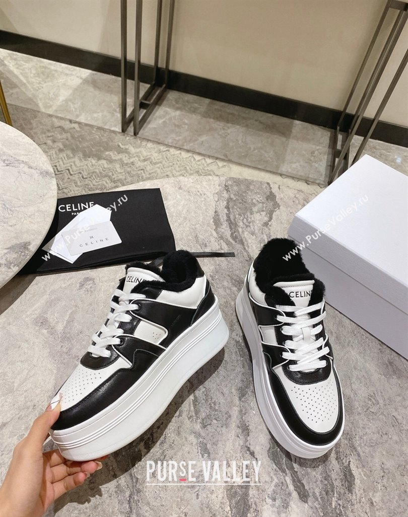 Celine CT-02 Platform Sneakers in Calfskin and Wool White/Black 2024 CE101201 (KL-241012014)