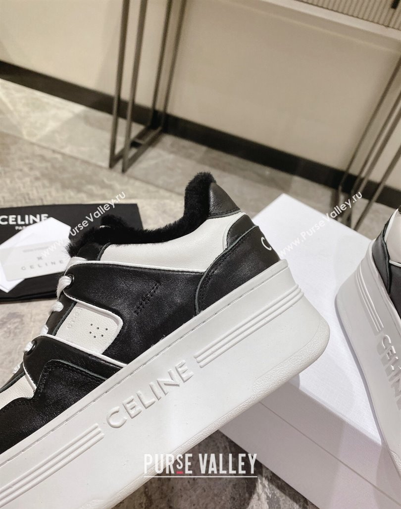 Celine CT-02 Platform Sneakers in Calfskin and Wool White/Black 2024 CE101201 (KL-241012014)