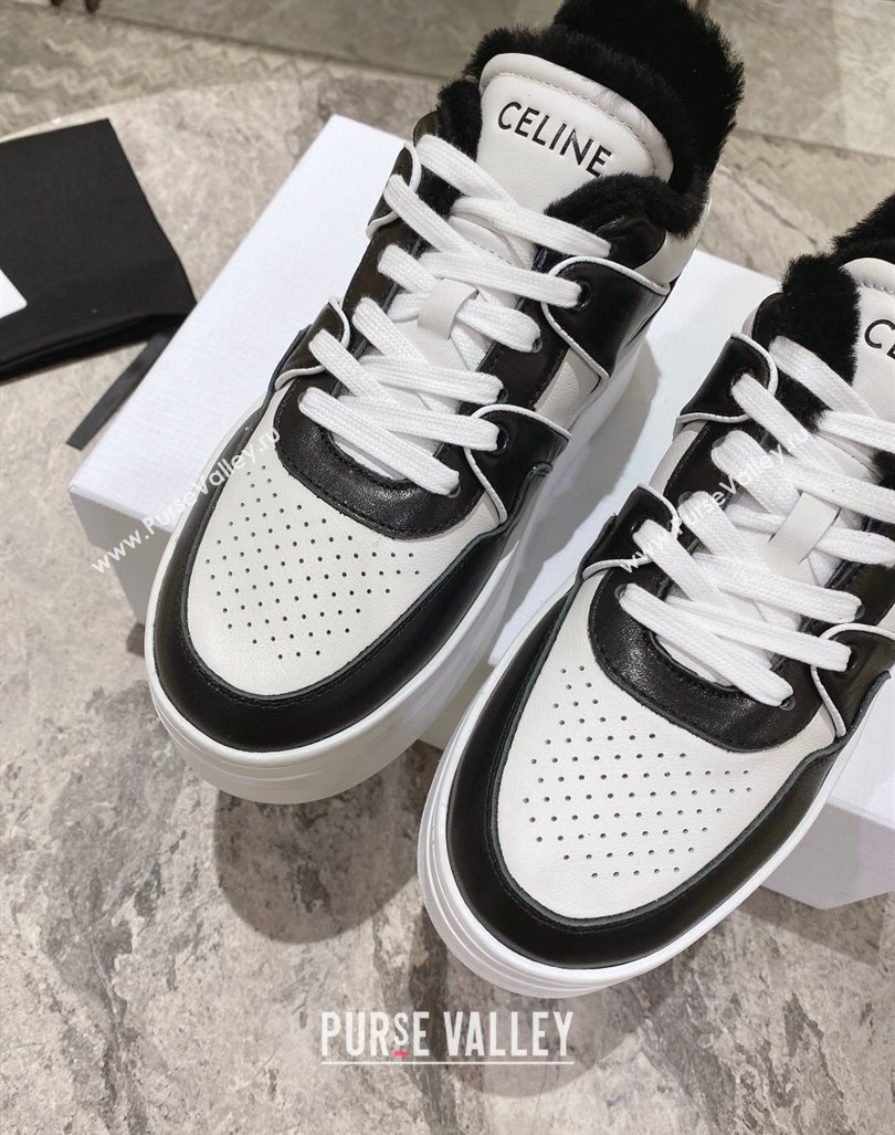 Celine CT-02 Platform Sneakers in Calfskin and Wool White/Black 2024 CE101201 (KL-241012014)