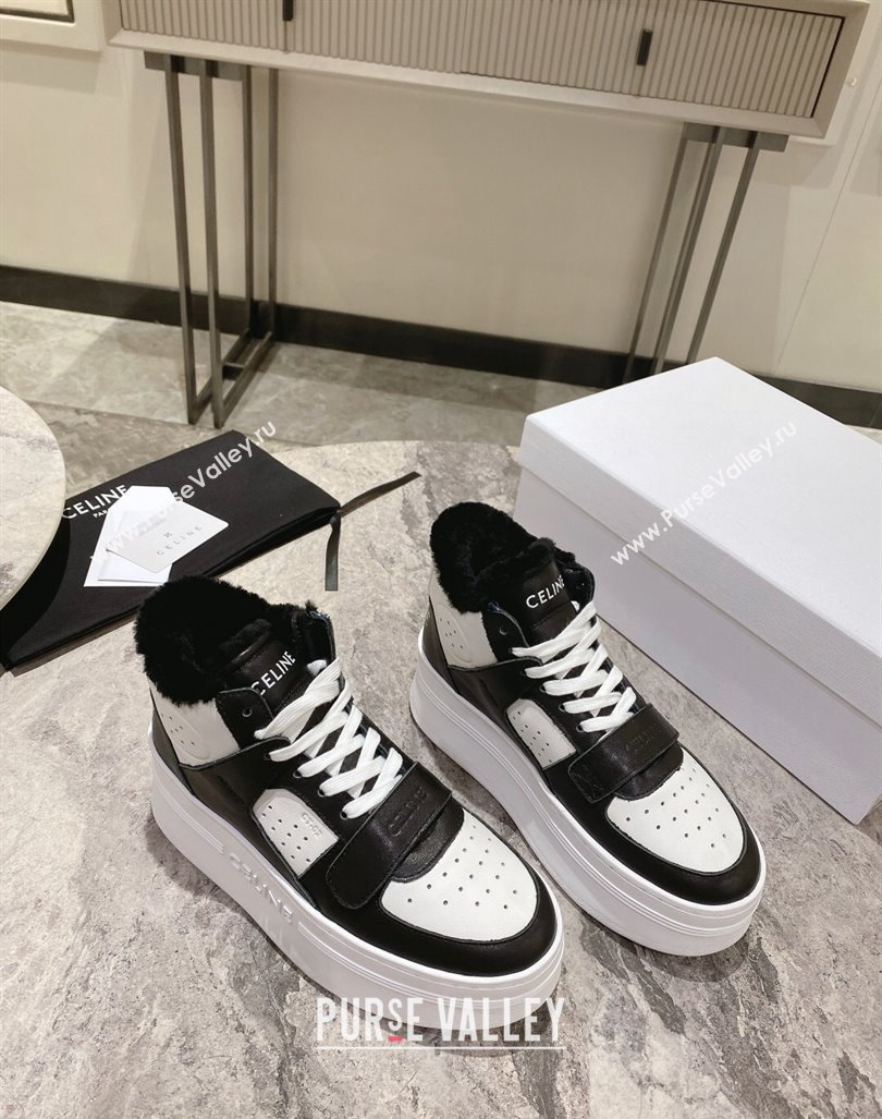 Celine CT-02 Platform Mid Sneakers Velcro in Calfskin and Wool White/Black 2024 CE101201 (KL-241012010)