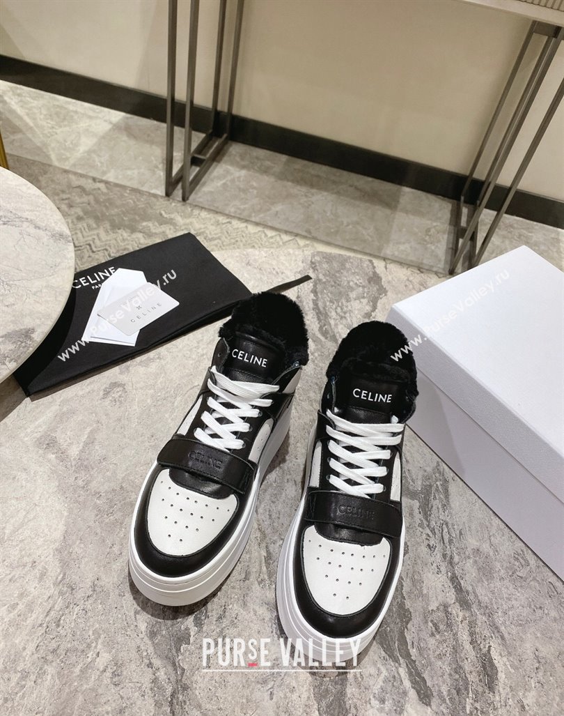 Celine CT-02 Platform Mid Sneakers Velcro in Calfskin and Wool White/Black 2024 CE101201 (KL-241012010)