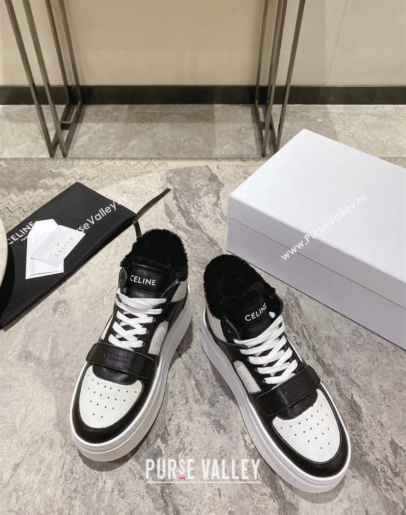 Celine CT-02 Platform Mid Sneakers Velcro in Calfskin and Wool White/Black 2024 CE101201 (KL-241012010)