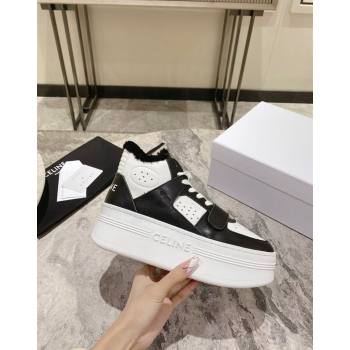 Celine CT-02 Platform Mid Sneakers Velcro in Calfskin and Wool White/Black 2024 CE101201 (KL-241012010)